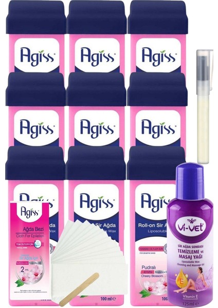 Agiss Pudralı Kartuş Roll On Sir Ağda 100 ml x 9'LU + YAĞ + Bez + Kalempar
