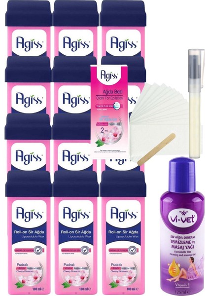 Agiss Pudralı Kartuş Roll On Sir Ağda 100 ml x 12'lı + YAĞ + Bez + Kalempar