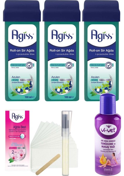 Agiss Azulen Kartuş Roll On Sir Ağda 100 ml x 3'LÜ + YAĞ + Bez + Kalempar