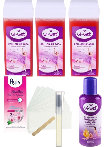 Vivet Pudralı Kartuş Roll On Sir Ağda 100 ml x 3'LÜ + YAĞ + Bez + Kalempar