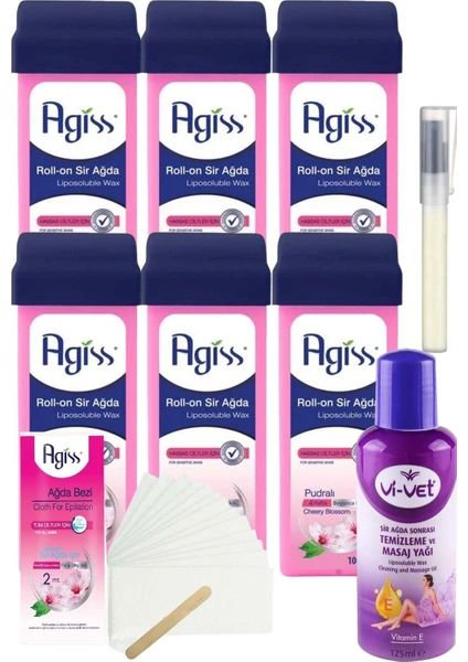 Agiss Pudralı Kartuş Roll On Sir Ağda 100 ml x 6'lı + YAĞ + Bez + Kalempar