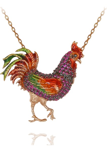 Kırmızı Taşlı Renkli Mineli Horoz Gümüş Kolye