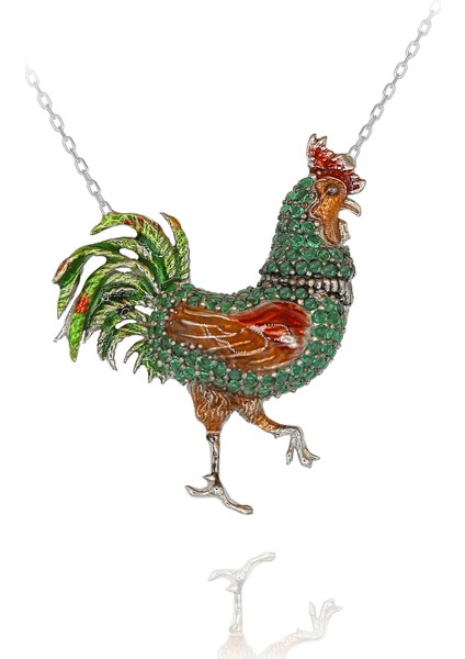 Yeşil Taşlı Renkli Mineli Horoz Gümüş Kolye