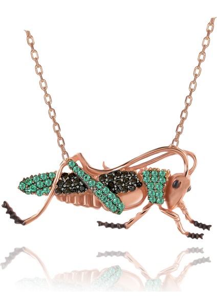 Yeşil Siyah Taşlı Çekirge Gümüş Kolye