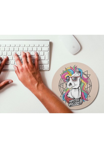 Hipster Unicorn Yuvarlak Kaymaz Taban Mouse Pad