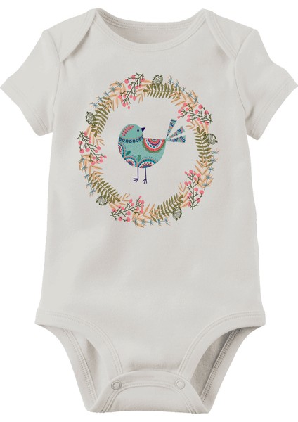 Bebek Beyaz Bird Baskılı Pamuklu Body