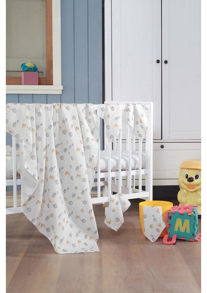 Müslin Bebek Battaniye + Ağız Bezi (4'lü) 90 x 80 cm Sarı Pamira