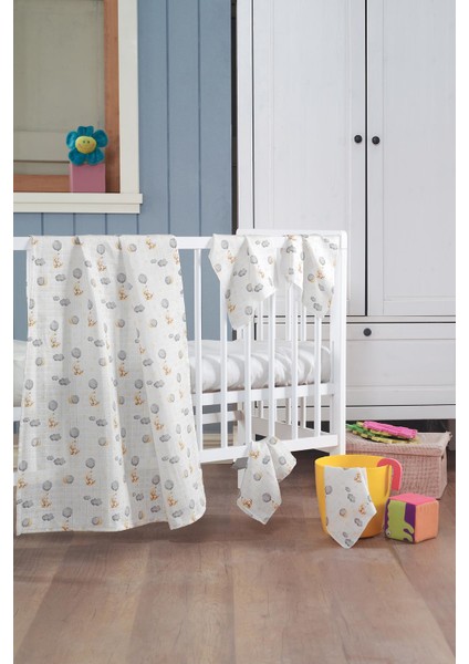 Müslin Bebek Battaniye + Ağız Bezi (4'lü) 90 x 80 cm Sarı Pamira