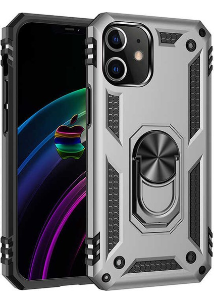 - Apple iPhone 12 - Kılıf Yüzüklü Zırh Tank Vega Kapak - Gri