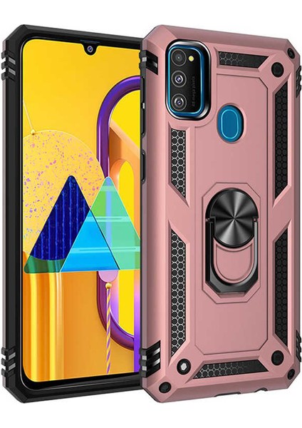 - Samsung Galaxy M21 - Kılıf Yüzüklü Zırh Tank Vega Kapak - Rose Gold