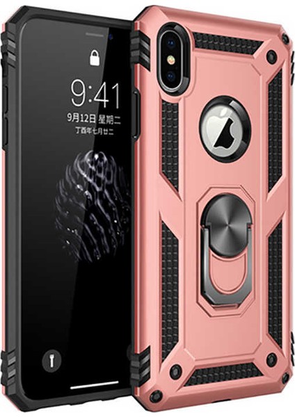 - Apple iPhone XS Max 6.5 - Kılıf Yüzüklü Zırh Tank Vega Kapak - Rose Gold