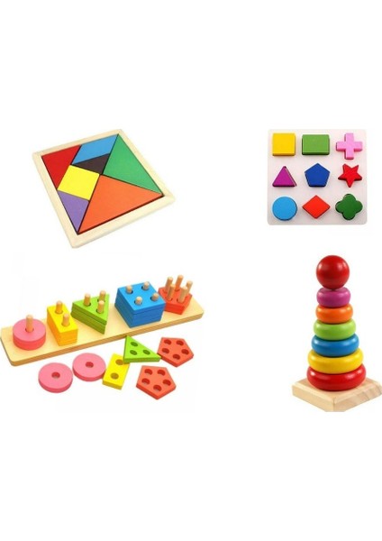 Ahşap Eğitici Oyuncak Bultak+Geometrik Set +Tangram+Kule 4lü Set