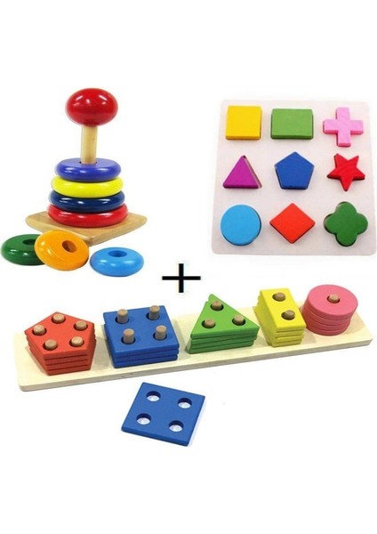 Ahşap Zeka Eğitici Oyuncak Geometrik Geçmeli Şekiller + Ahşap Tahta Bultak + Ahşap Kule Oyunu