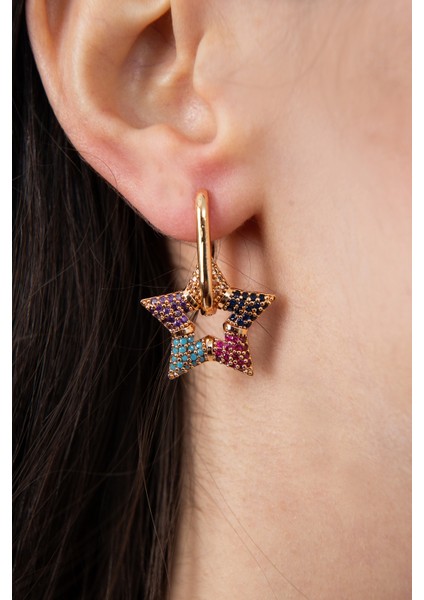 Kadın Renkli Taşlı Yıldız Model Küpe