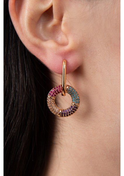 Kadın Renkli Taşlı Rose Gold Halka Model Küpe