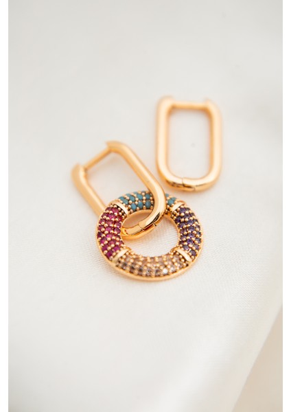 Kadın Renkli Taşlı Rose Gold Halka Model Küpe modelleri