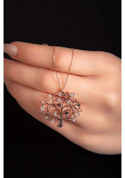 Rose Zirkon Taşlı Yaşam Ağacı Kadın Gümüş Kolye 925 Ayar