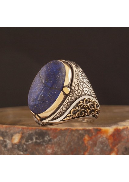 Lapis Lazuli Taşlı Büyük Boy Gravür Sarmaşık Model Gümüş Yüzük