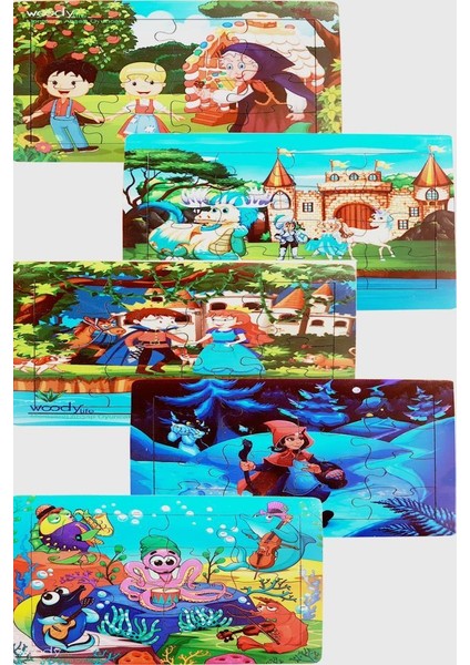 Masal Tasarımlı 16 Parça Ahşap Puzzle Yapboz 5'li Set