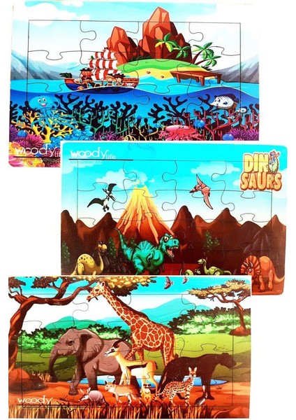 Hayvanlar Tasarımlı 16 Parça Ahşap Puzzle Yapboz 3'lü Set