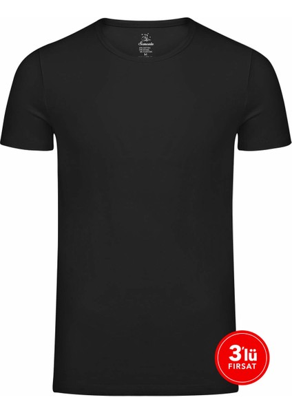 Erkek Modal Sıfır Yaka Tshirt 3'lü Paket - Siyah