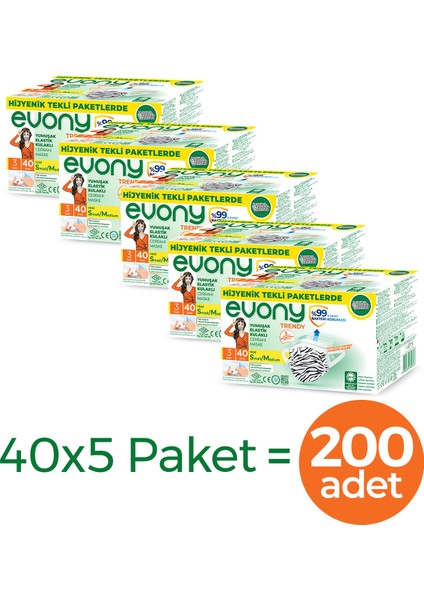 Elastik Kulaklı Trendy Maske Tekli Paketlenmiş 200 Adet fiyatları