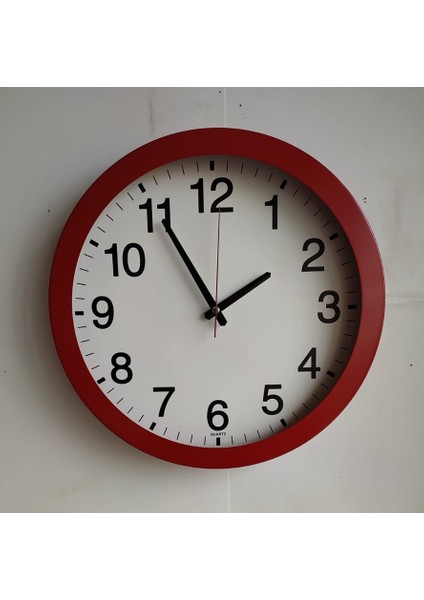 Otel Salon Ofis Duvar Saati Camlı Kırmızı Metal Çerçeve 36 Cm fiyatları