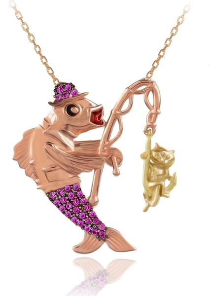 Oltayla Kedi Yakalayan Balık Gümüş Kolye