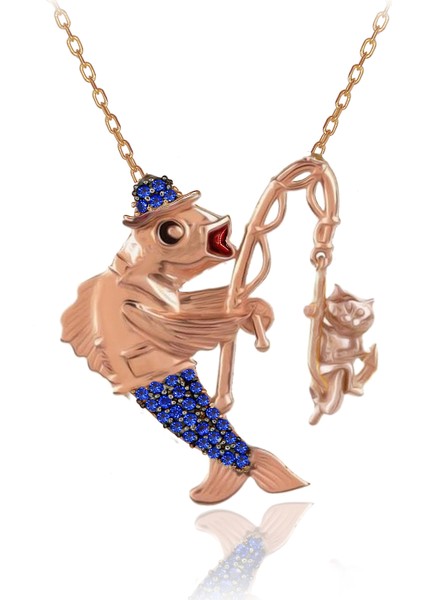 Oltayla Kedi Yakalayan Balık Gümüş Kolye