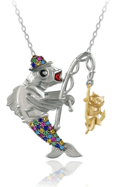 Oltayla Kedi Yakalayan Balık Gümüş Kolye