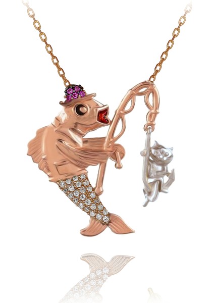 Oltayla Kedi Yakalayan Balık Gümüş Kolye