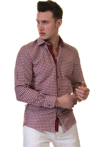 Bordo Beyaz Pötikareli Pamuk Slim Fit Erkek Gömlek