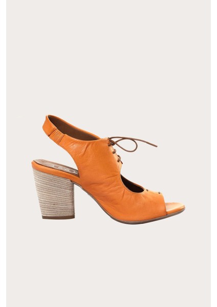 Turuncu Deri Kadın Topuklu Sandalet