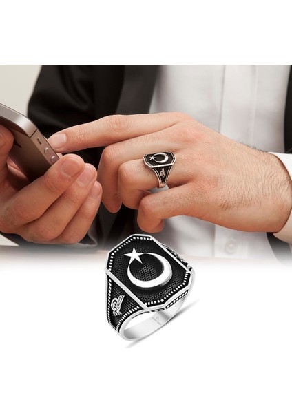 Kare Ayyıldız Desenli 925 Gümüş Erkek Yüzük modelleri
