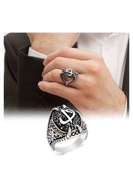 Elif Vav Harfli Pençeli 925 Gümüş Erkek Yüzük