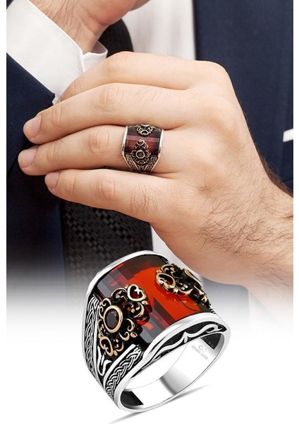 Kırmızı Taşlı 925 Gümüş Erkek Yüzük