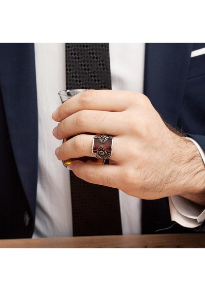 Kırmızı Taşlı 925 Gümüş Erkek Yüzük fiyatları