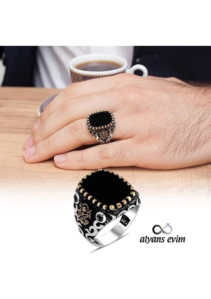 Kare Oniks Taşlı Osmanlı Devleti Armalı 925 Gümüş Erkek Yüzük