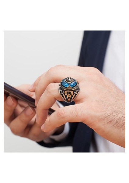 Aqua Mavi Taşlı Gümüş Erkek Yüzük