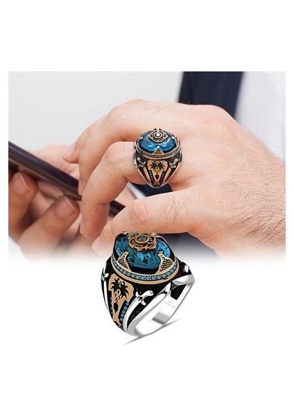 Aqua Mavi Taşlı Gümüş Erkek Yüzük fiyatları