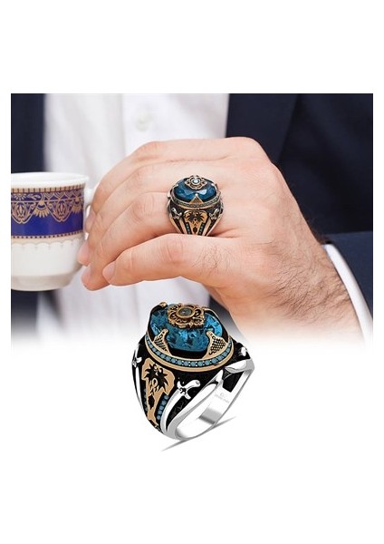 Aqua Mavi Taşlı Gümüş Erkek Yüzük modelleri