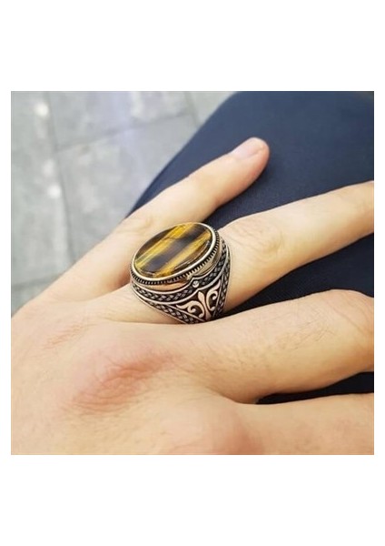 Kaplan Gözü Taşlı Erkek Yüzük