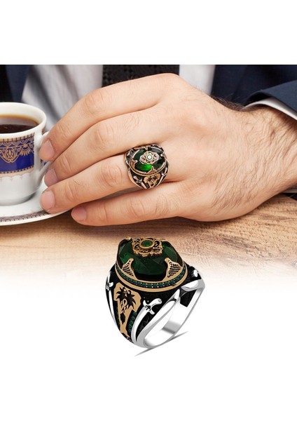 Yeşil Taşlı Yeni Tasarım Gümüş Erkek Yüzük modelleri