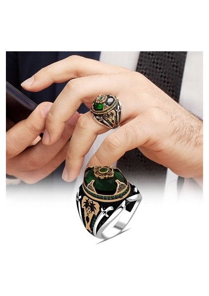 Yeşil Taşlı Yeni Tasarım Gümüş Erkek Yüzük indirimleri