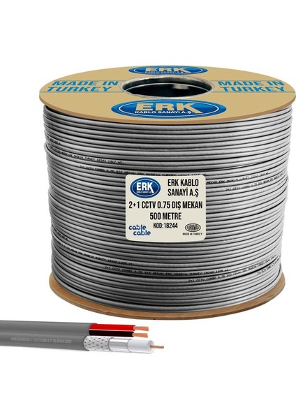 Cable Cable Kamera Kablosu 2+1 Cctv Combo 2x0.75 Dış Mekan 500 mt Erk Yerli