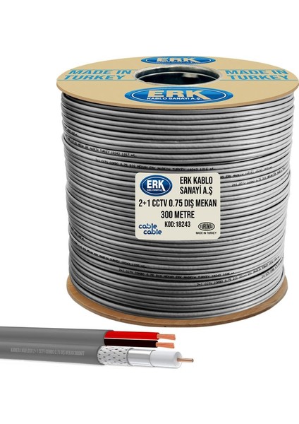Kamera Kablosu 2+1 Cctv Combo 2x0.75 Dış Mekan 300 mt Erk Yerli