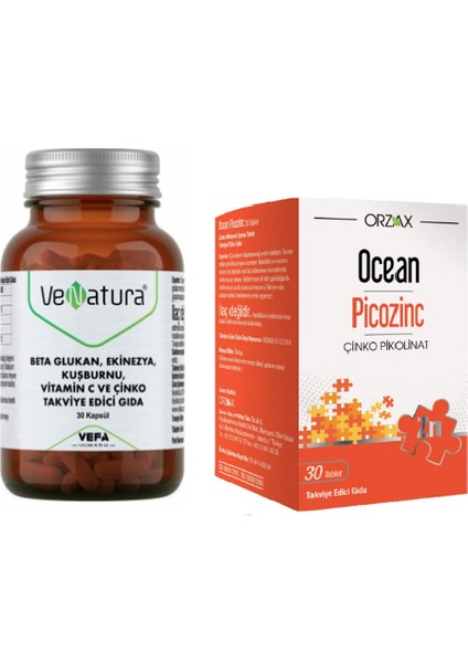 Beta Glukan, Vitamin C ve Çinko Takviye Edici Gıda 30 Kapsül + Ocean Çinko Takviyesi 15 Mg 30 Tablet