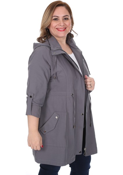 Kadın Büyük Beden Pamuklu Mevsimlik Trençkot 3019 Gri/grey 21S32003019