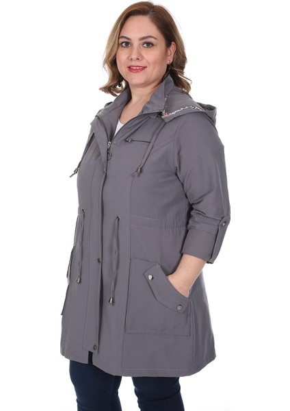 Kadın Büyük Beden Pamuklu Mevsimlik Trençkot 3019 Gri/grey 21S32003019