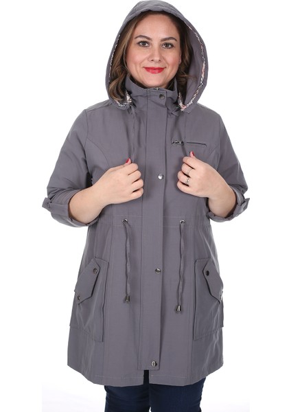 Kadın Büyük Beden Pamuklu Mevsimlik Trençkot 3019 Gri/grey 21S32003019